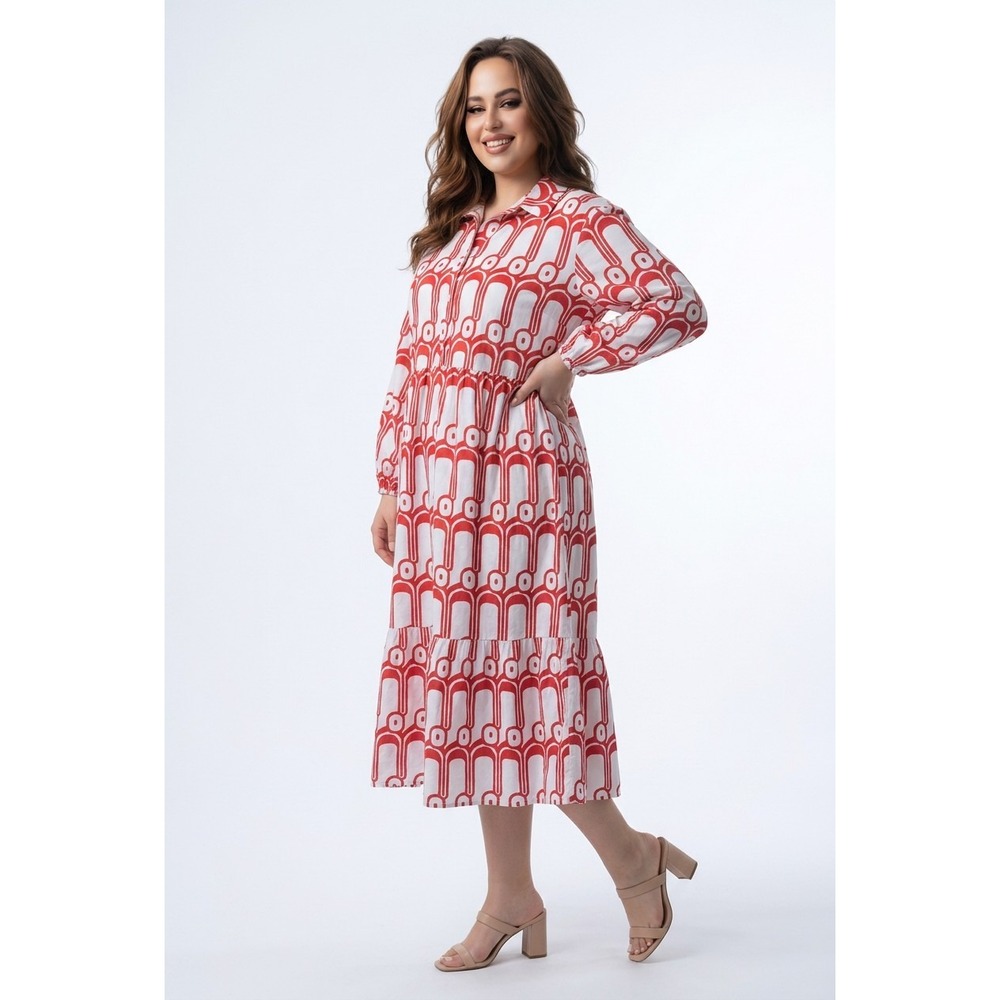 Anthropologie Maeve Bettina Tiered Shirt Maxi Dress size Lg Red White Geometric